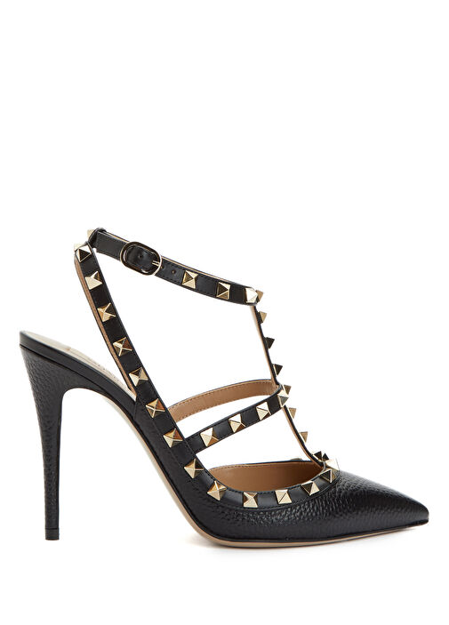 Rockstud Siyah Deri Topuklu Ayakkabı - Görsel 2