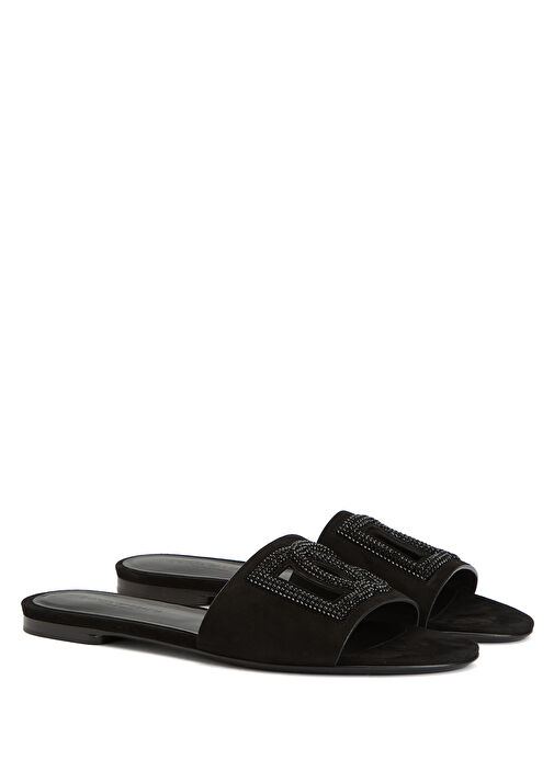 Siyah Taşlı Logolu Kadın Deri Terlik - Görsel 3