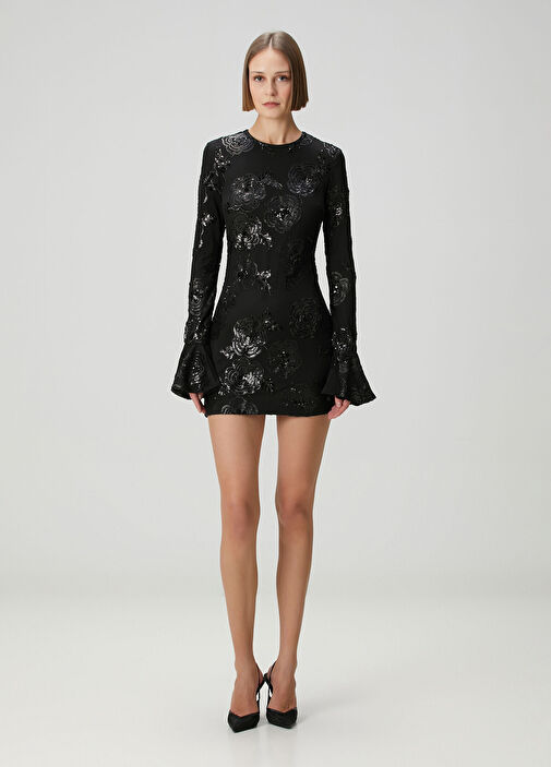 Siyah Payetli Çiçekli Mini Kokteyl Elbise