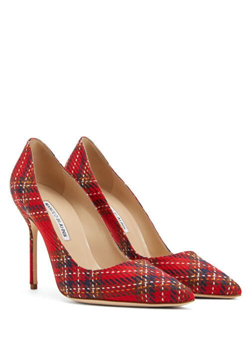 Kırmızı Ekose Desenli Yün Stiletto - Görsel 3