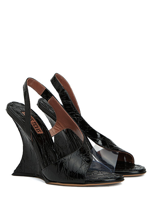 Siyah Krokodil Dokulu Kadın Deri Sandalet - Görsel 3