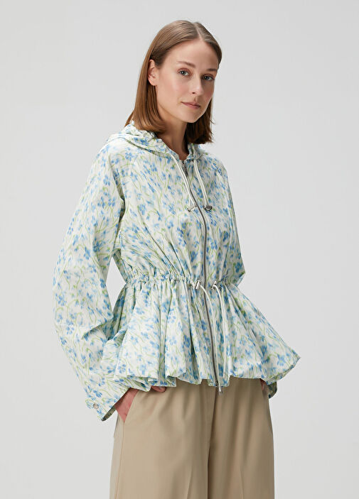 Mavi Kapüşonlu Çiçekli Ceket