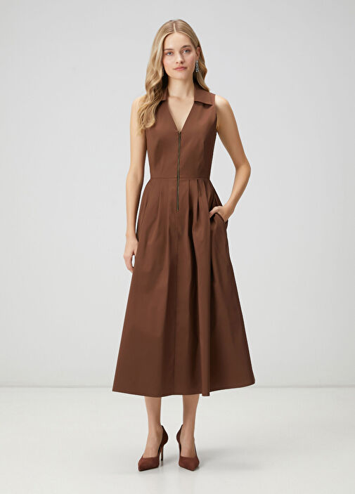 Kahverengi Midi Tafta Gömlek Elbise
