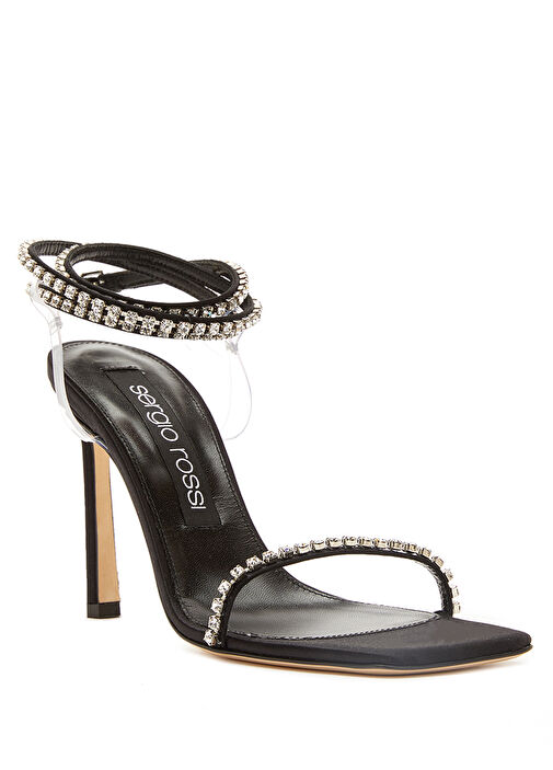 Siyah Taşlı Topuklu Deri Sandalet - Görsel 3
