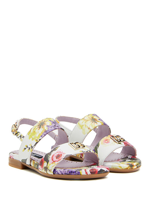 Beyaz Çiçek Desenli Kız Çocuk Deri Sandalet - Görsel 3