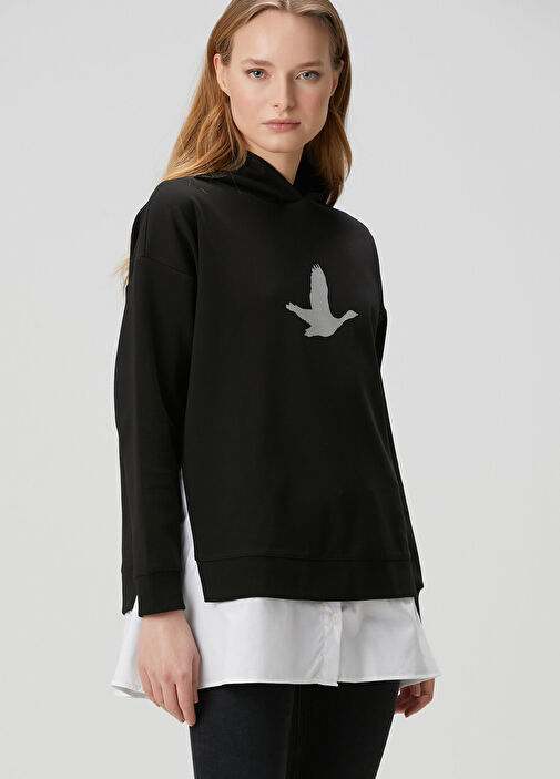 Beymen Club - Siyah Kapüşonlu Metalik Logolu Sweatshirt