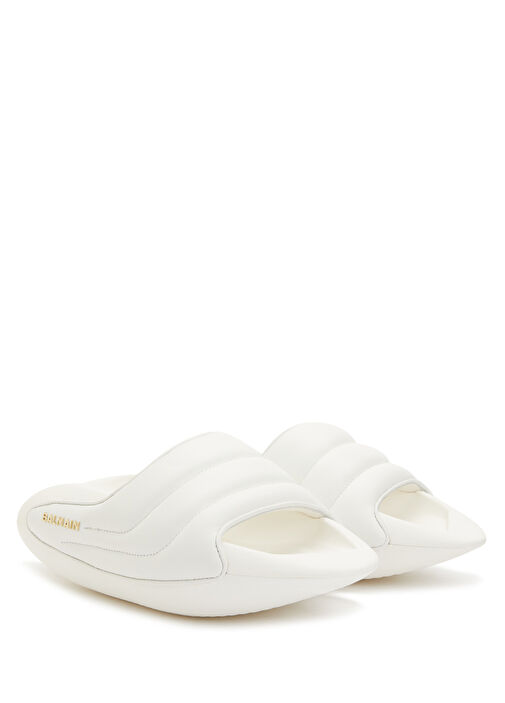 B IT Beyaz Logo Detaylı Kadın Deri Terlik - Görsel 3