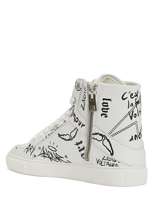 Beyaz Yazı Baskılı Kadın Deri Sneaker - Görsel 4