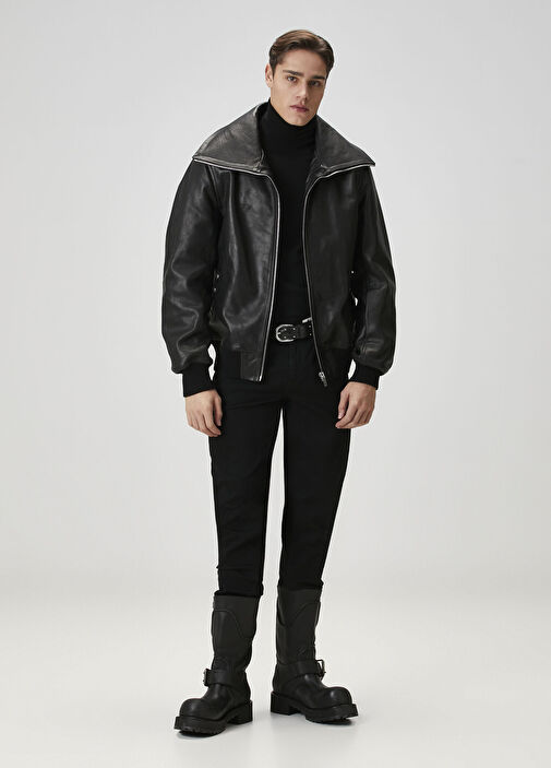 Black Rick Owens Black Men Brixa Dracucollar Black Leather Jacket