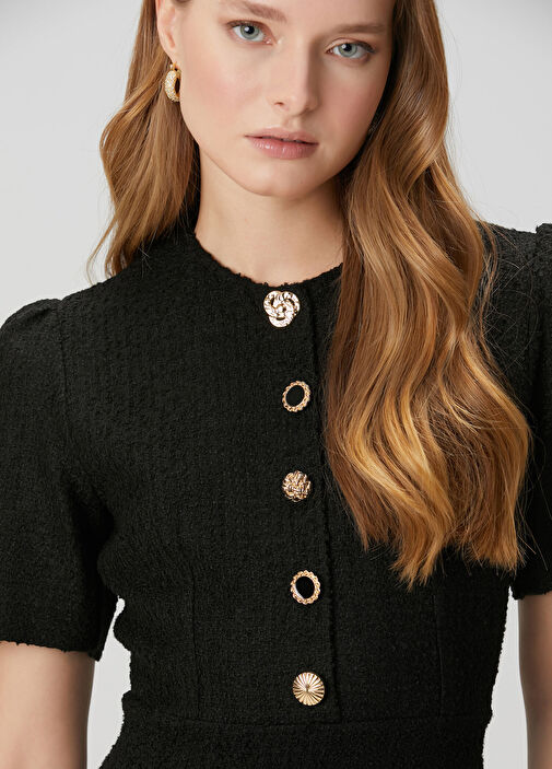 Beymen Club - Black Gold Button Detailed Midi Tweed Dress