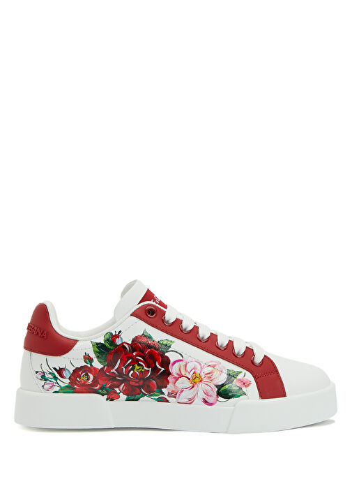 Kırmızı Çiçek Baskılı Kadın Deri Sneaker - Görsel 2