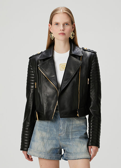 Siyah Crop Deri Ceket - Görsel 2