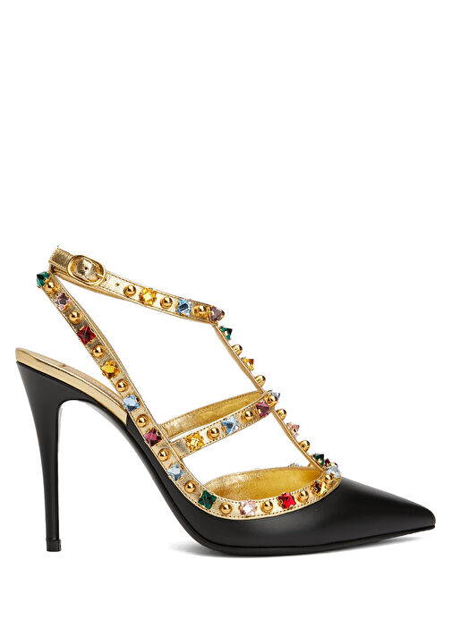 Rockstud Siyah Deri Topuklu Ayakkabı - Görsel 2