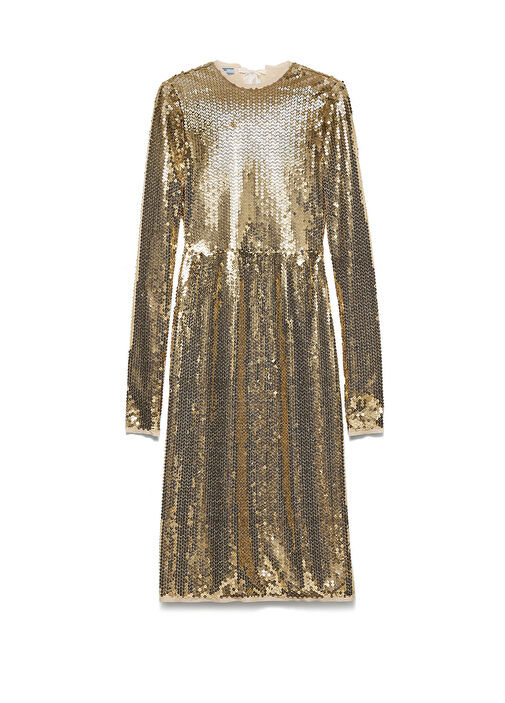 Prada - Gold/Silver Sequined Long-Sleeved Women's Midi Length Dress