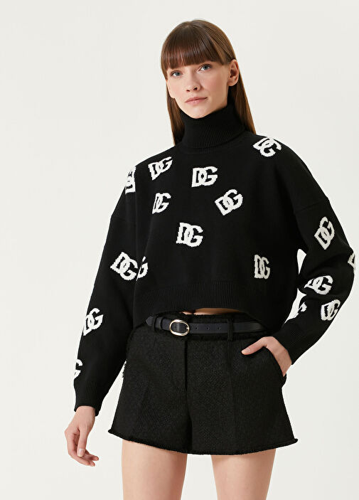 Dolce&Gabbana - Siyah Beyaz Logo Jakarlı Cropped Yün Kazak - Siyah