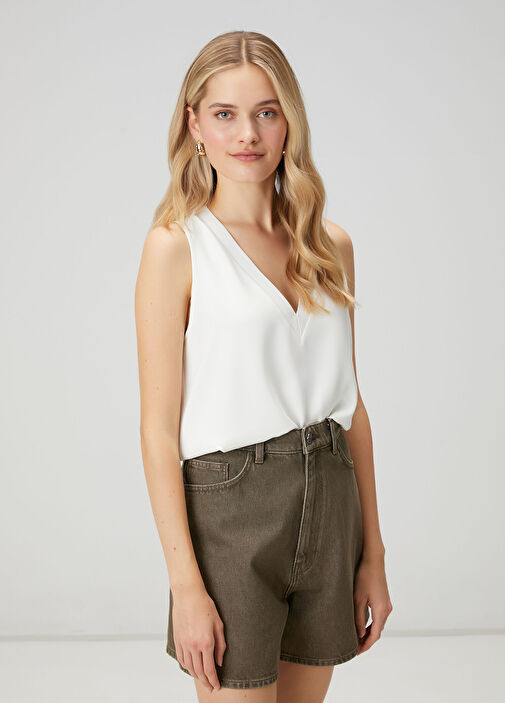 Kırık Beyaz Bol Kesim Krep Bluz