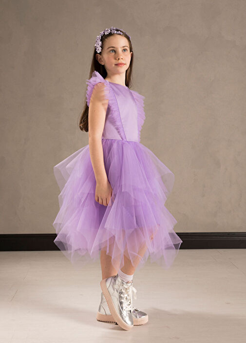 AMILLE - Miss Puffy Lilac Pleated Tulle Detailed Short Sleeve Girls' Dress