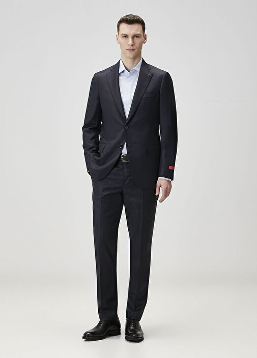 Koyu Lacivert Çizgi Desenli Yün Takım Elbise