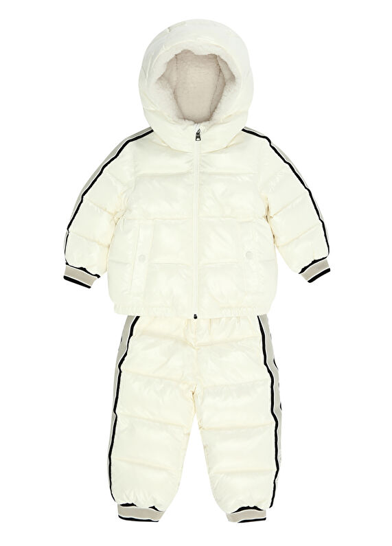 Moncler Bej Beyaz Kapüşonlu Unisex Bebek Kayak Tulumu BejBeyaz