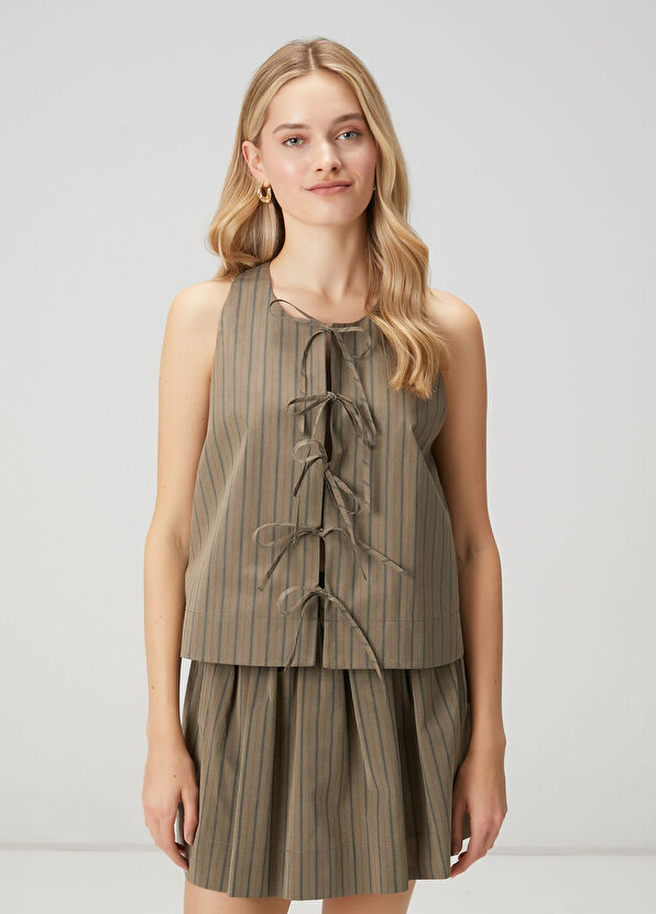 Beymen Club Khaki Striped Sleeveless Shirt - 1