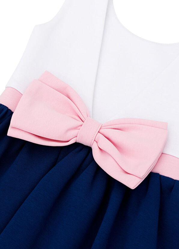 Beyaz Lacivert Arkası Kurdelalı Kız Çocuk Elbise - Görsel 5