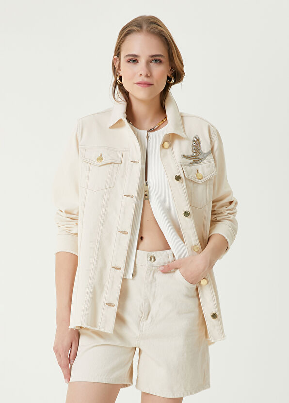 Beymen Club Ekru Taşlı Logolu Denim Ceket - 1
