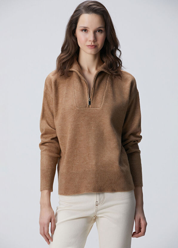 Network Camel Dik Yaka Fermuarlı Uzun Kol Kazak - 1