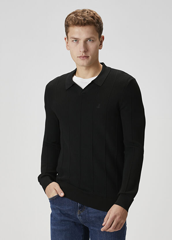 Beymen Club Black Striped Textured Polo Sweater - 1
