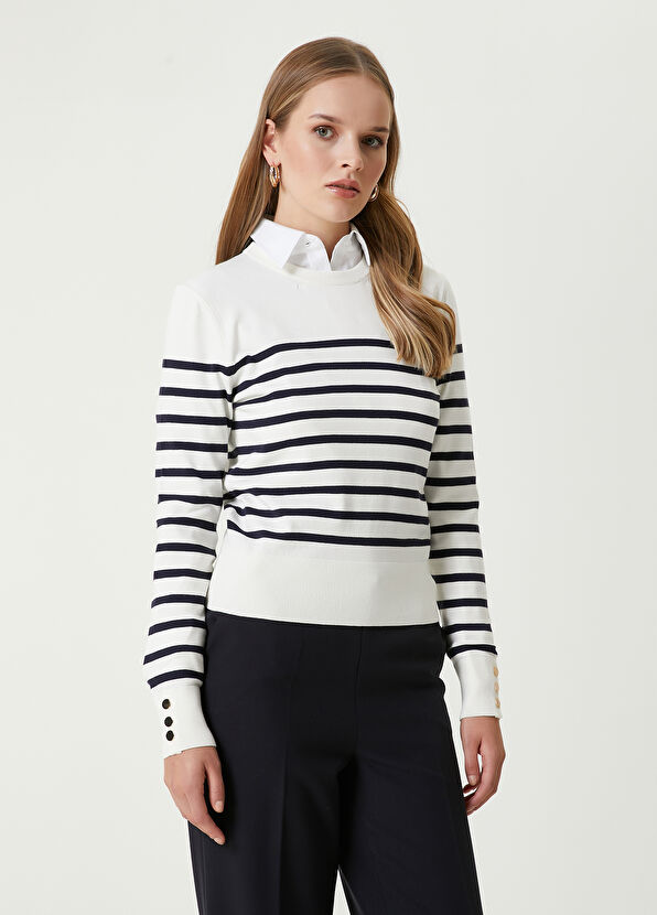 Beymen Club Beyaz Siyah Çizgili Kazak - 4