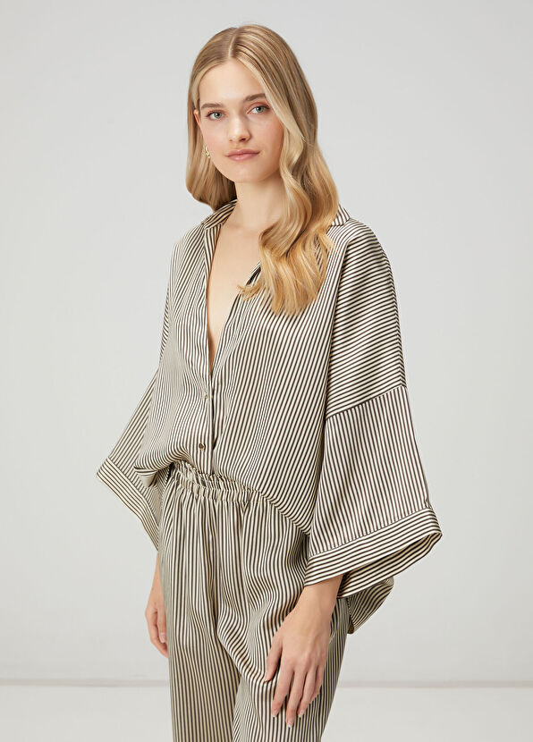 Beymen Club Bej Kahve Çizgili Saten Gömlek - 1