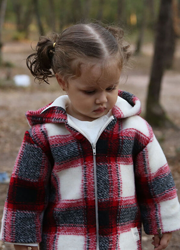 Totzee Kırmızı Krem Ekoseli Kapüşonlu Unisex Bebek Mont  - 2
