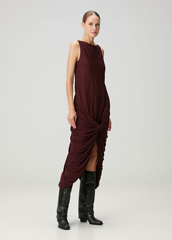 Bordo Drapeli Midi Kokteyl Elbise - Görsel 3