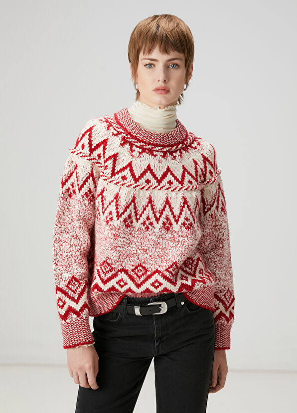 Beymen Club Kırmızı Ekru Jakarlı Kazak - 1