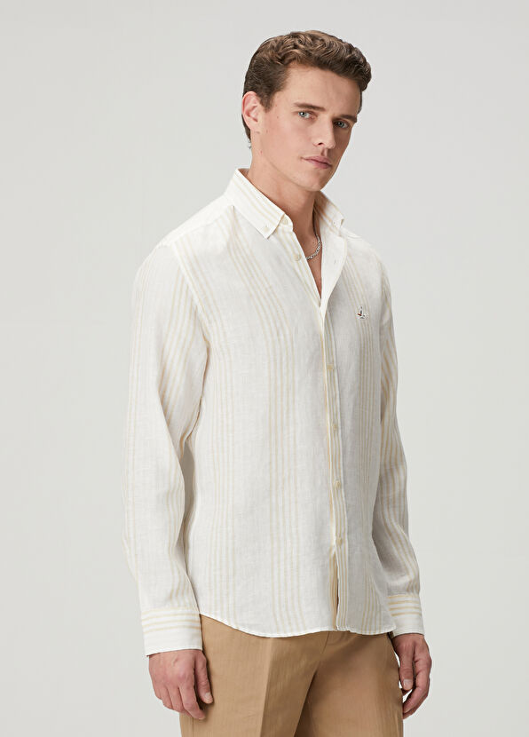 Beymen Club Comfort Fit Beige White Striped Linen Shirt - 4