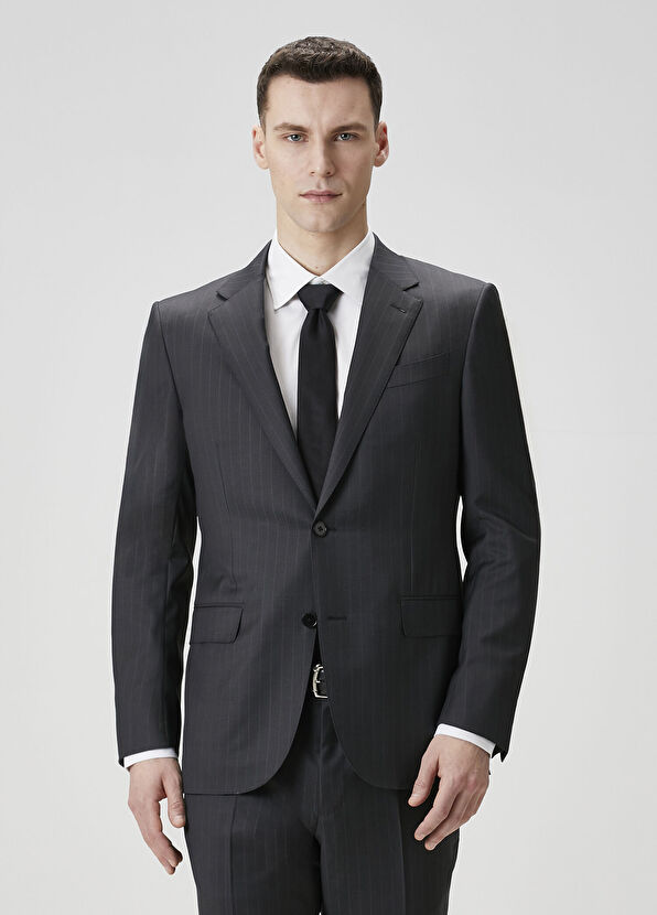 Lacivert Çizgi Desenli Yün Takım Elbise - Görsel 3