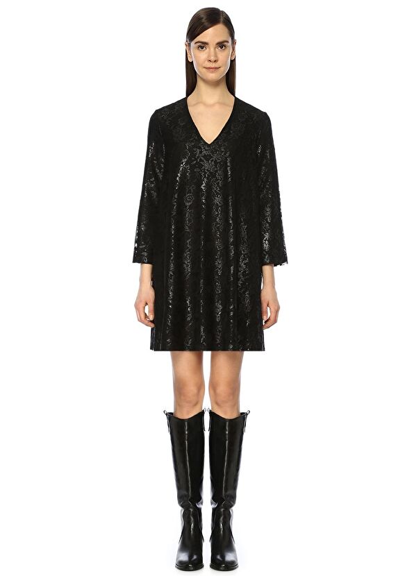 Beymen Club Siyah V Yaka Dantelli Varak Baskılı Mini Elbise - 1
