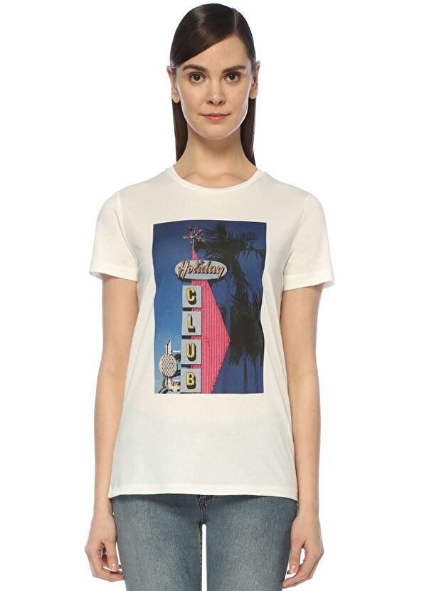 Beymen Club Beyaz Bisiklet Yaka Baskılı T-shirt - 1