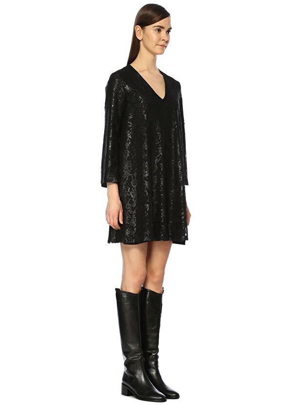 Beymen Club Siyah V Yaka Dantelli Varak Baskılı Mini Elbise - 2