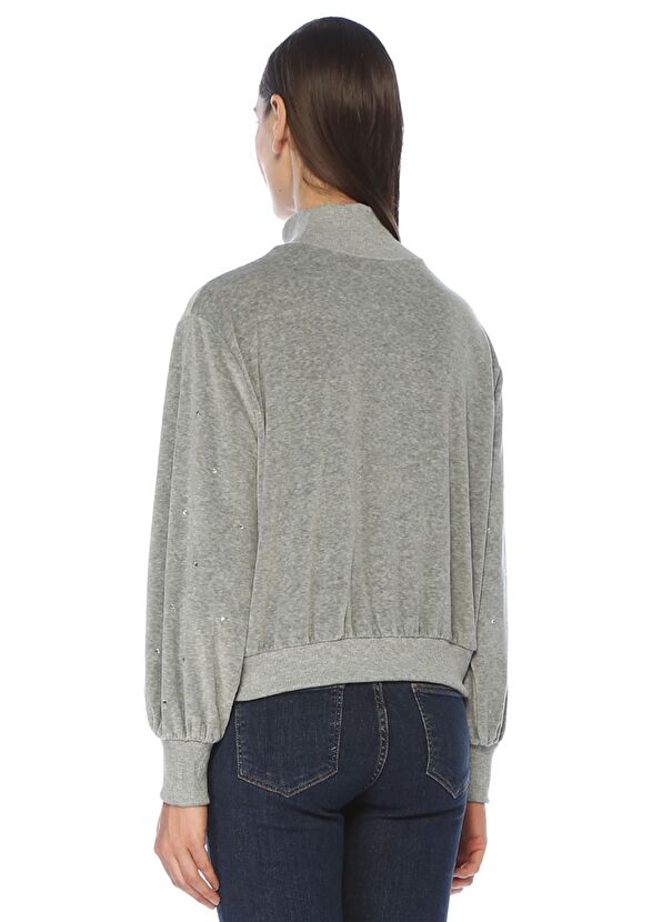 Beymen Club Gri Dik Yaka Taşlı Balon Kol Kadife Sweatshirt - 3