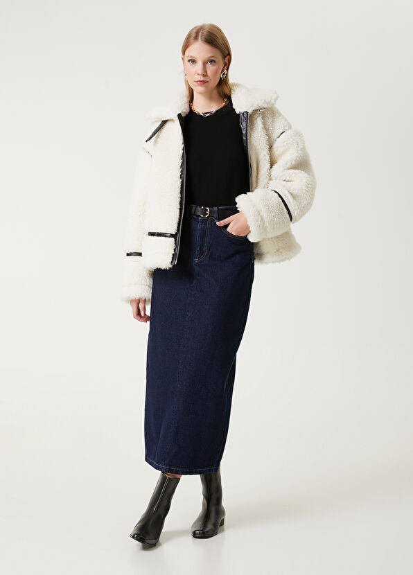 Beymen Club Kırık Beyaz Deri Şeritli Shearling Kaban - 3