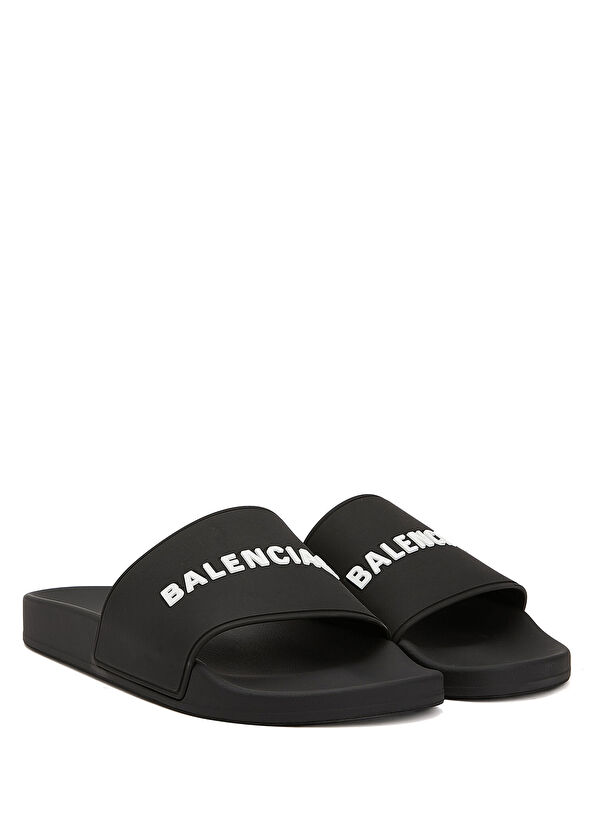 Balenciaga Siyah Beyaz Logolu Erkek Plaj Terliği - 2