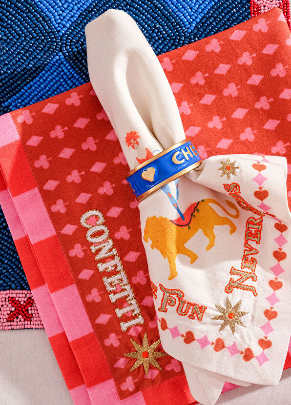 Zsa Zsa Zsu Nilüfer Digital Printed Embroidered Ecru Red Cotton 2-Piece Napkin Set - 2