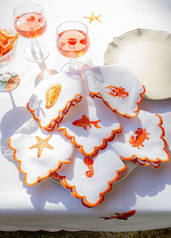 Mariaida Home Oyster Embroidered Orange White Napkin - 4
