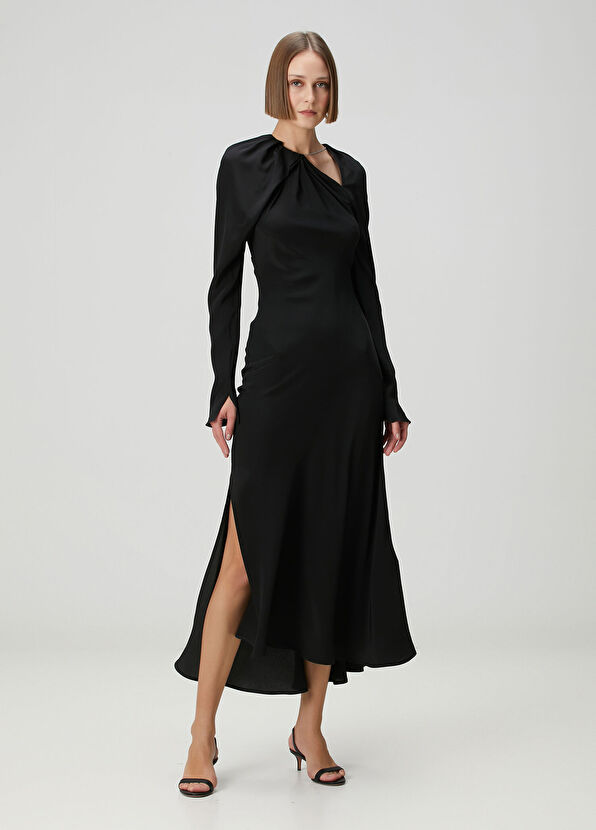 Victoria Beckham Black Collar Accessories Midi Silk Evening Dress - 2