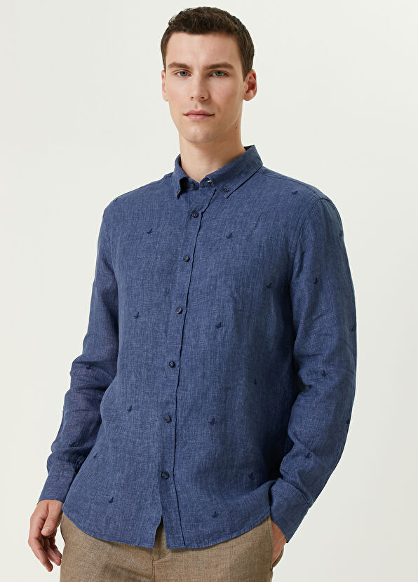 Beymen Club Comfort Fit Lacivert Mini Kaz Nakışlı Keten Gömlek - 2