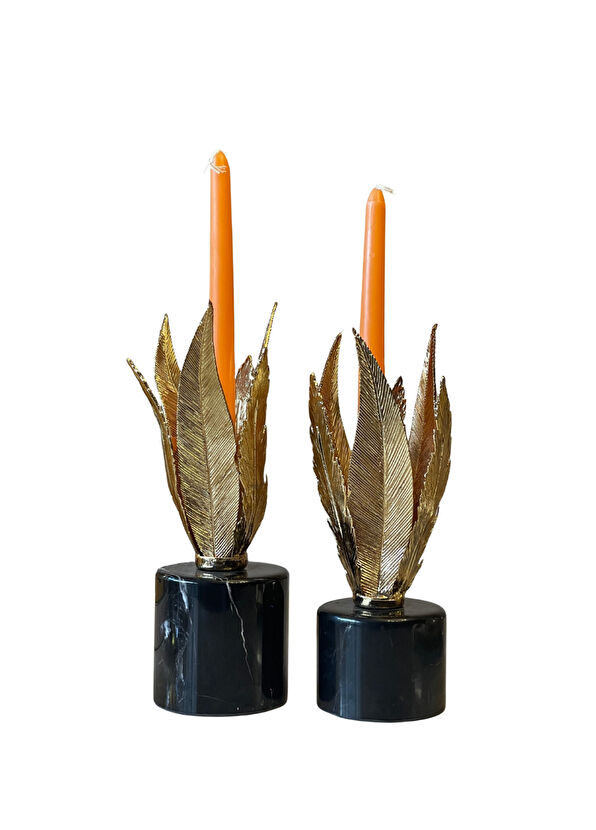 2in1 Design Studio Fire Mermer Kaideli Pirinç Detaylı 2'li Şamdan Seti - 1