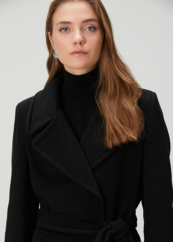 Siyah Kuşak Detaylı Yün Palto - Görsel 4