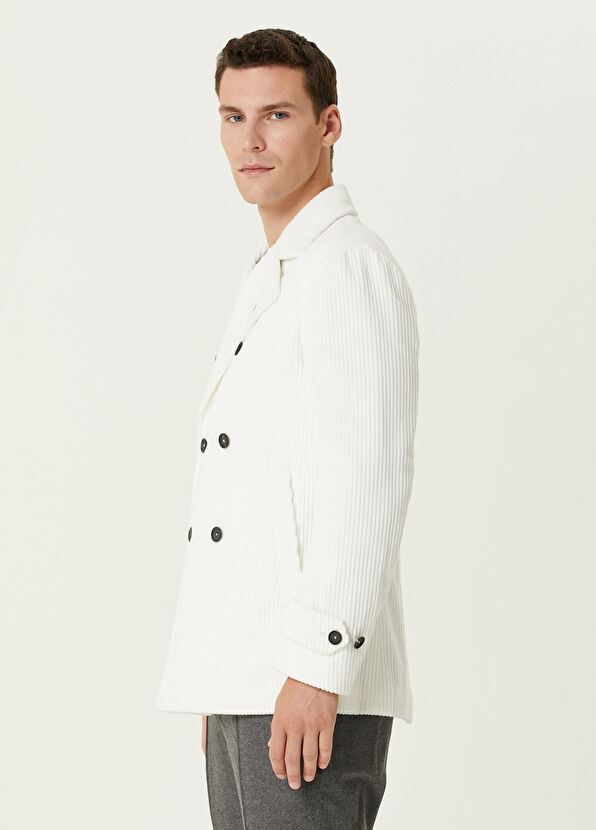 Isaia Beyaz Kruvaze Kadife Kaban - 3