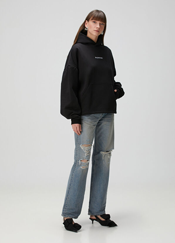 Balenciaga Siyah Kapüşonlu Logolu Sweatshirt - 2
