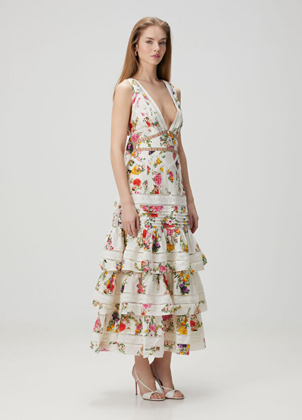 Camilla Beyaz Çiçekli Maksi Elbise - 1